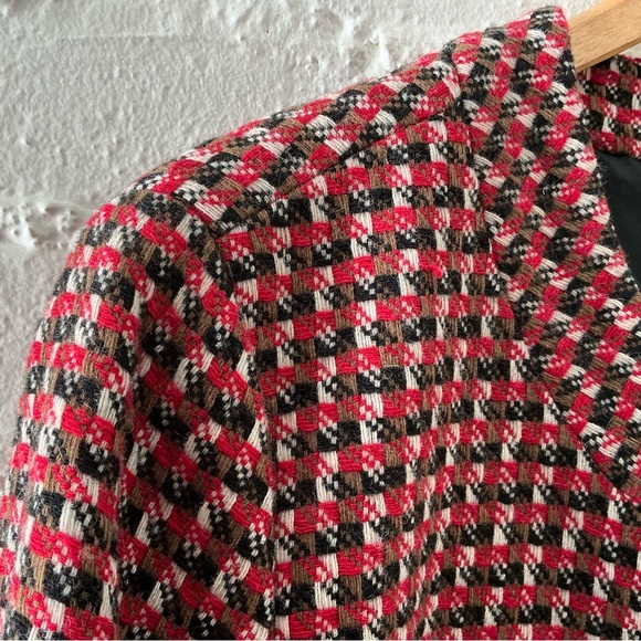 Ann Taylor Collarless Blazer Wool Blend  Red Brown Houndstooth Tweed Jacket 14 - Picture 5 of 16